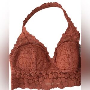 New Aerie Women Bralette Lace Halter Wireless w/removable pads Red Sand